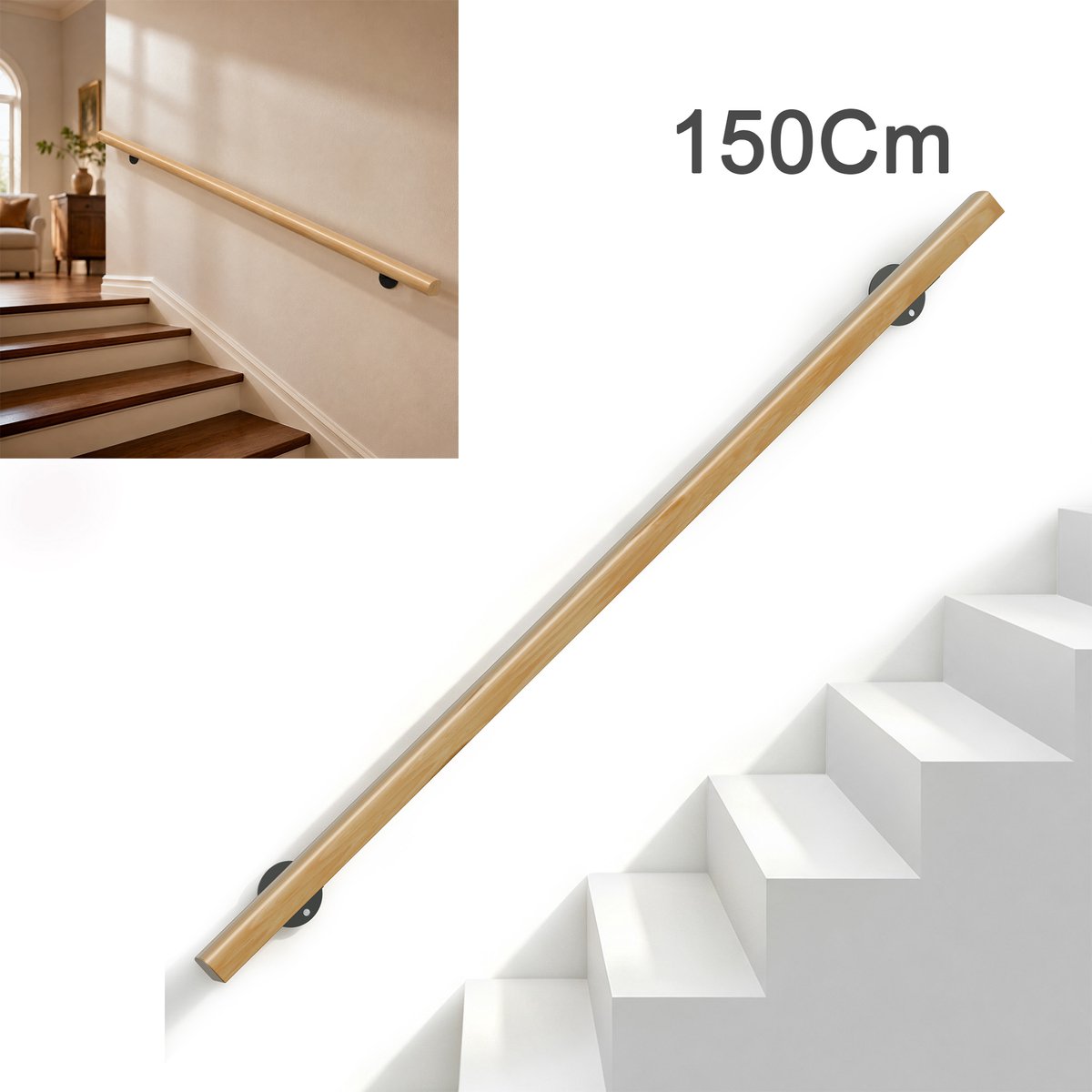 Beukenhouten Trapleuning 150 Cm – Massief Hout 60 x 40 mm – Platte Wandhandgreep met Stalen Beugels – Wandmontage voor Trap en Gang