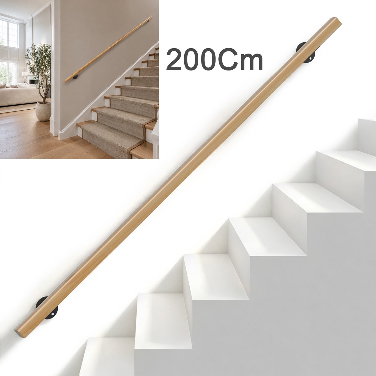 Beukenhouten Trapleuning 200 Cm – Massief Hout 60 x 40 mm – Platte Wandhandgreep met Stalen Beugels – Wandmontage voor Trap en Gang