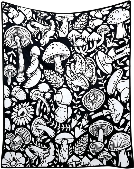 Zwart-wit kleed met een gedetailleerd patroon van diverse paddenstoelen en bladeren.