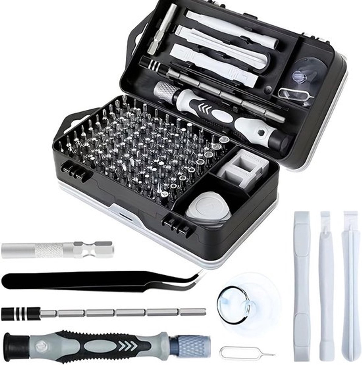 Precisieschroevendraaierset 115-in-1, professionele reparatieset met magnetische punten en antislip handgreep voor elektronica, telefoon, horloge en brillen - zwart en duurzaam