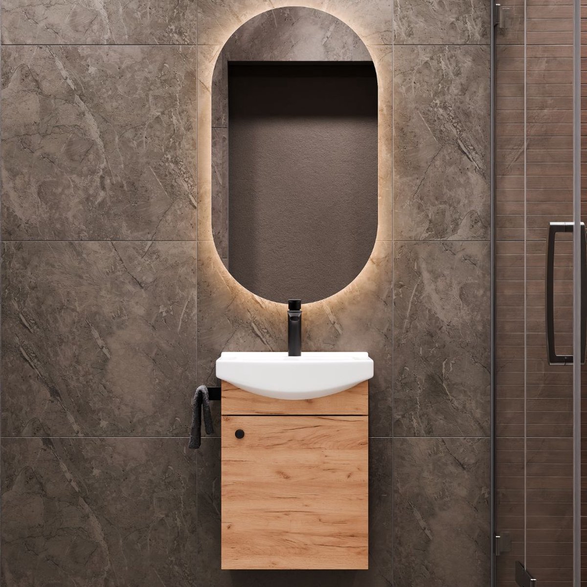 Planetmöbel Badkamermeubel Set 45 cm – Goud Eiken – Keramische Wastafel met Spiegel – Wandhangend – Soft-Close