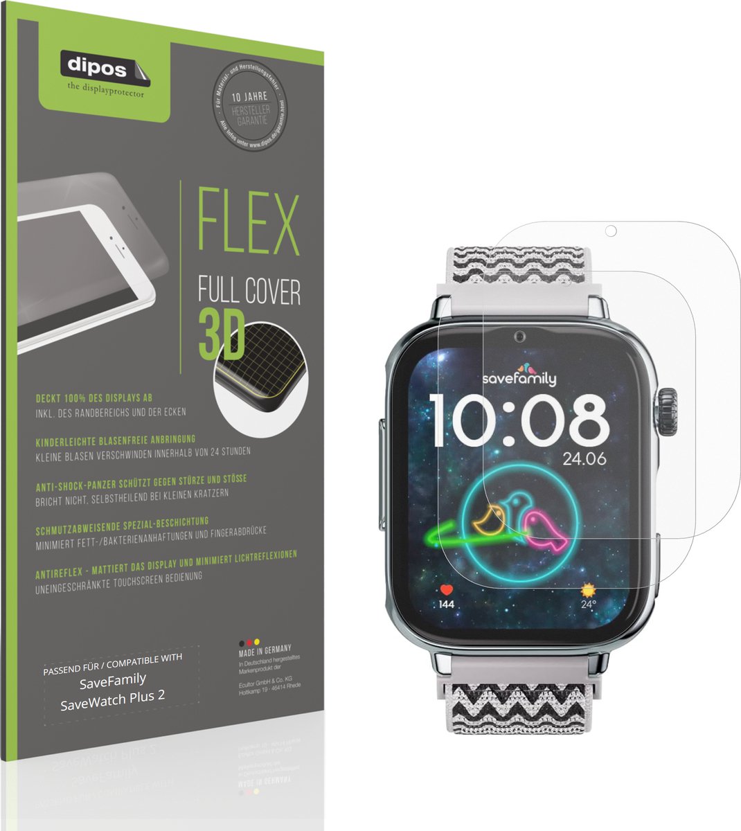 dipos FLEX – 2x Matte Screenprotector geschikt voor SaveFamily SaveWatch Plus 2 | Volledige Schermbescherming | Case-Friendly