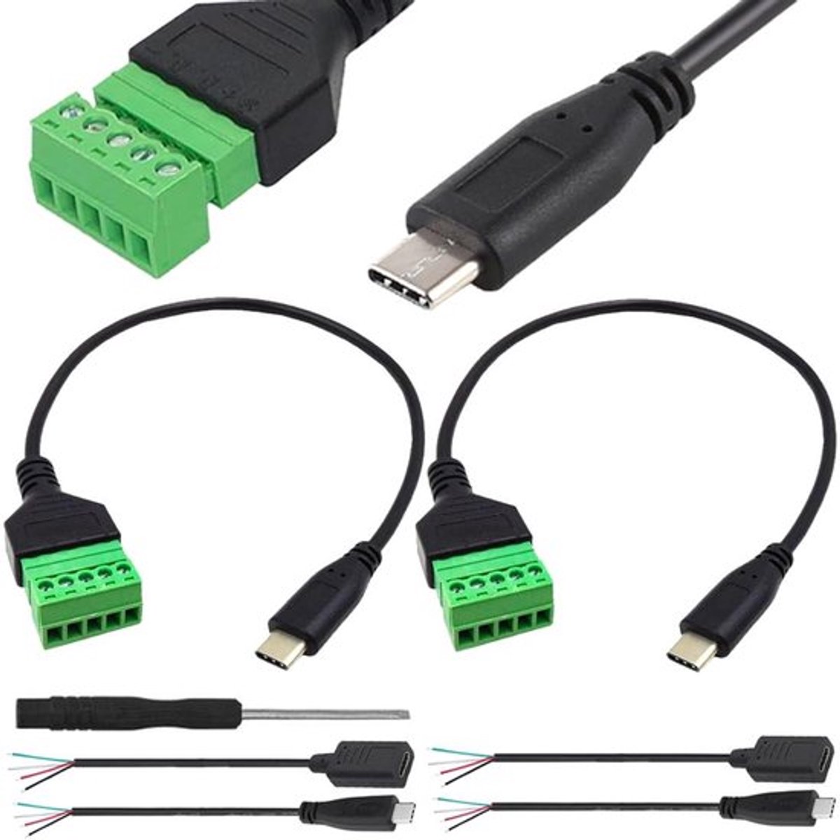 Schroefklemkabel met 5-polige stekker/bus en USB C connectoren - 5 delige set met schroevendraaier