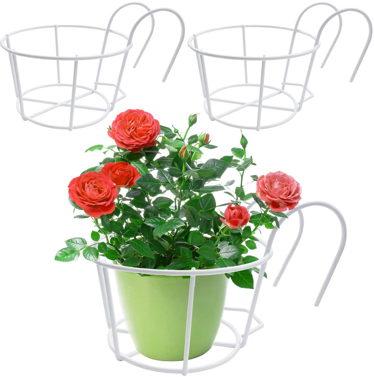 Famanu – Hangende bloempothouders set van 3 stuks, ronde metalen bloempothouders voor balkon en tuin, ideaal voor het ophangen van planten aan relingen en omheiningen (wit)
