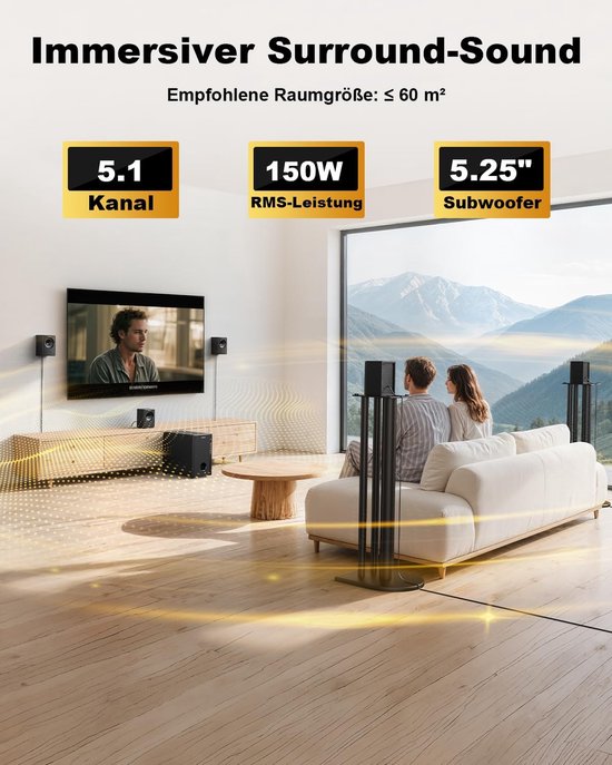 5.1 Home Cinema Set - 600W Surround Sound Systeem - Speakerset met 5,25 Inch Subwoofer - Home Cinema Luidsprekers voor TV en Film — afbeelding 4