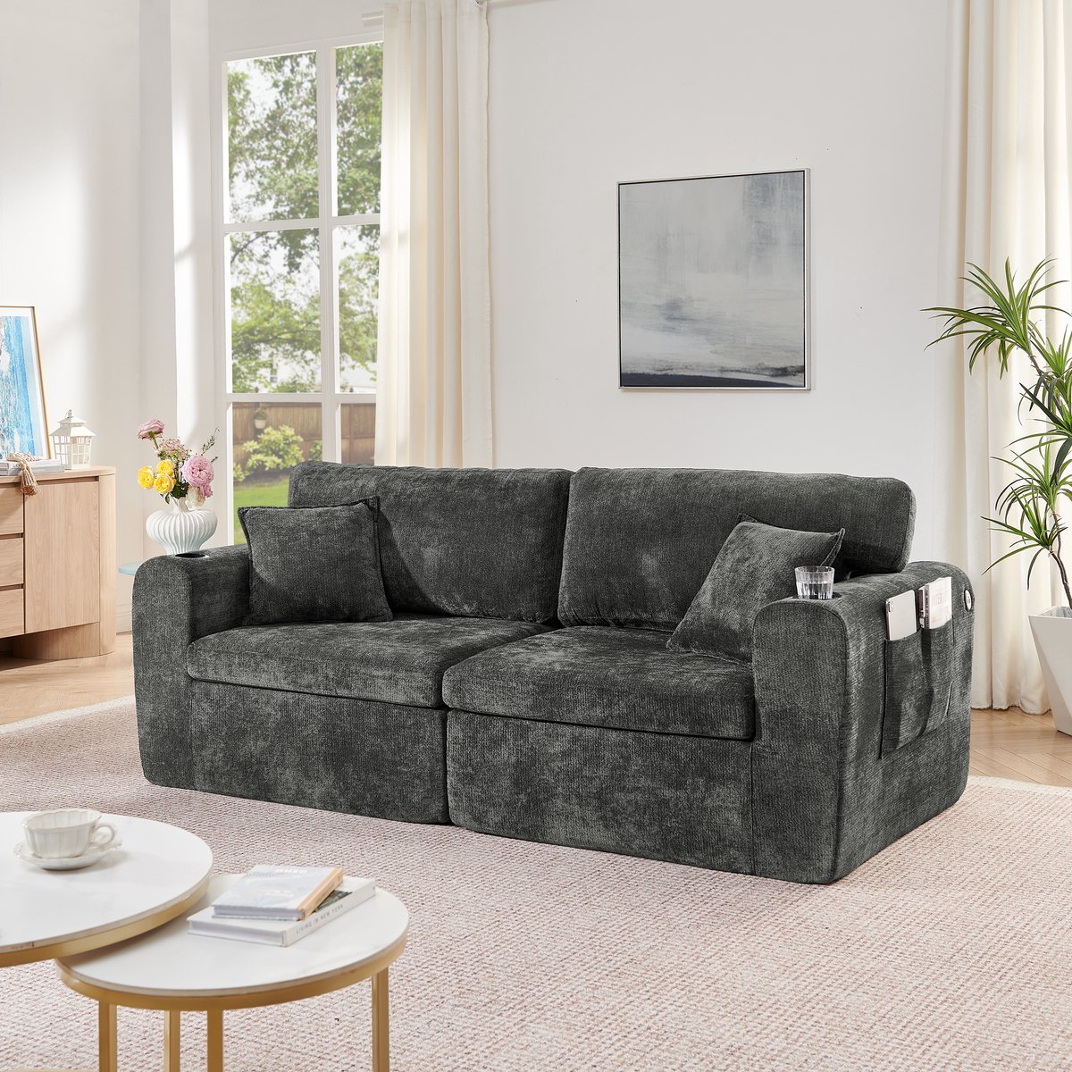 MODFU - Bank - 2-Zits - Relaxsofa - Chenille - Zwart - Opbergvak - Bekerhouder