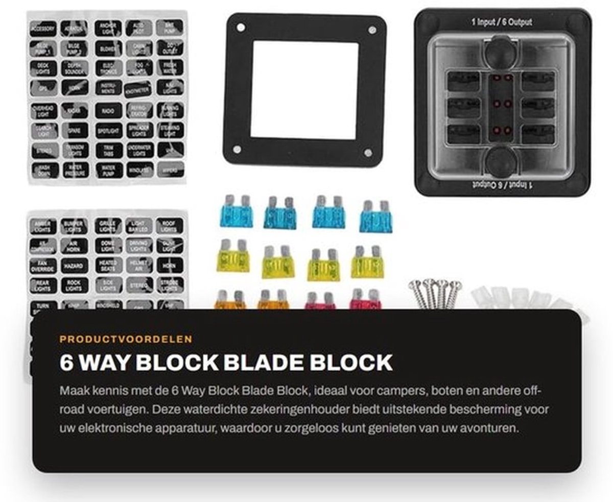 6 Way Block Blade Block - Waterdicht - LED-waarschuwingsindicator - Zekeringenhouder - Geschikt voor Auto en Marine - 10 x 10 x 7 cm