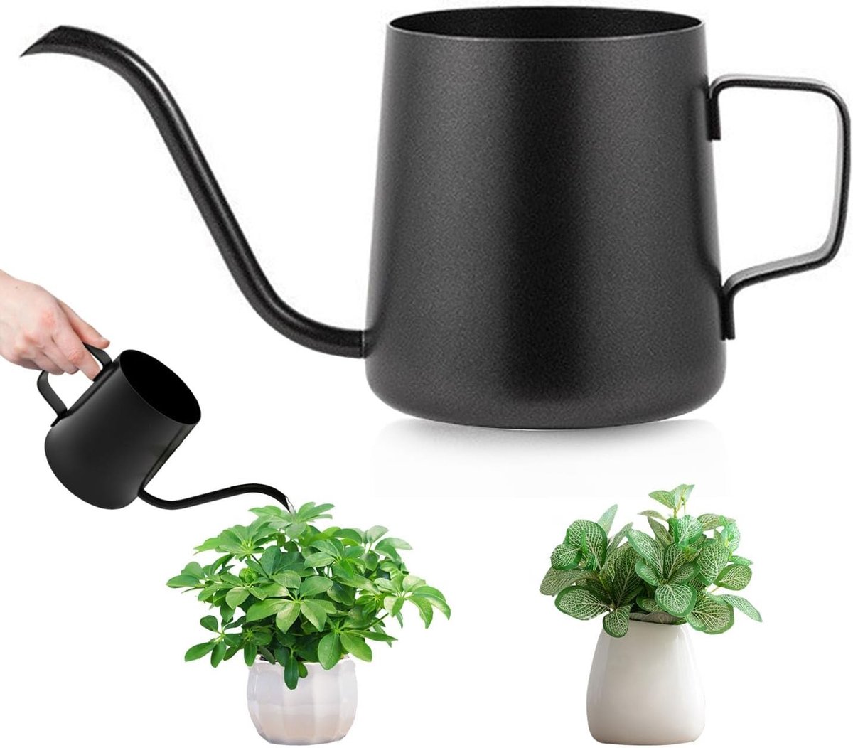 Mini-gieter voor Kamerplanten - Zwart - 19,2 x 8,6 x 8 cm - Roestvrij Staal met Lange Tuit - Voor Binnen en Buiten
