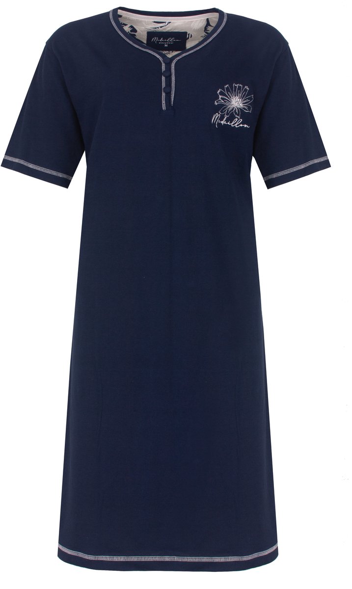 Medaillon Dames Nachthemd - Korte Mouwen - Katoen - Donker Blauw- Maat L
