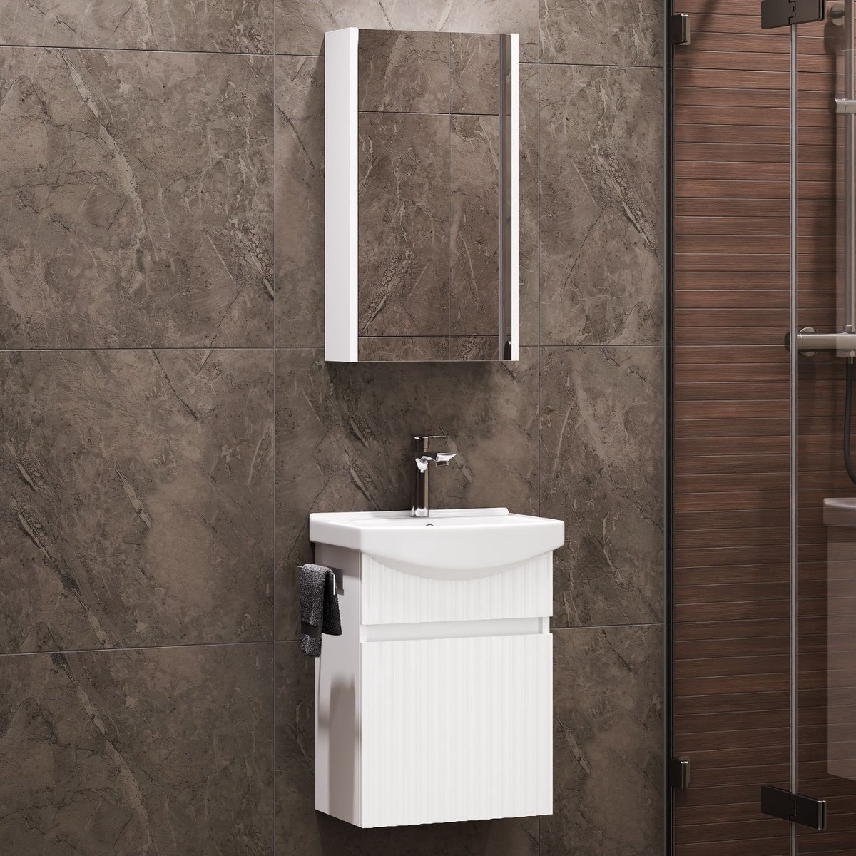 Planetmöbel WEGA Badkamermeubel Set 45 cm – Wit Mat – Wastafelonderkast met Wastafel en Spiegelkast – Wandhangend