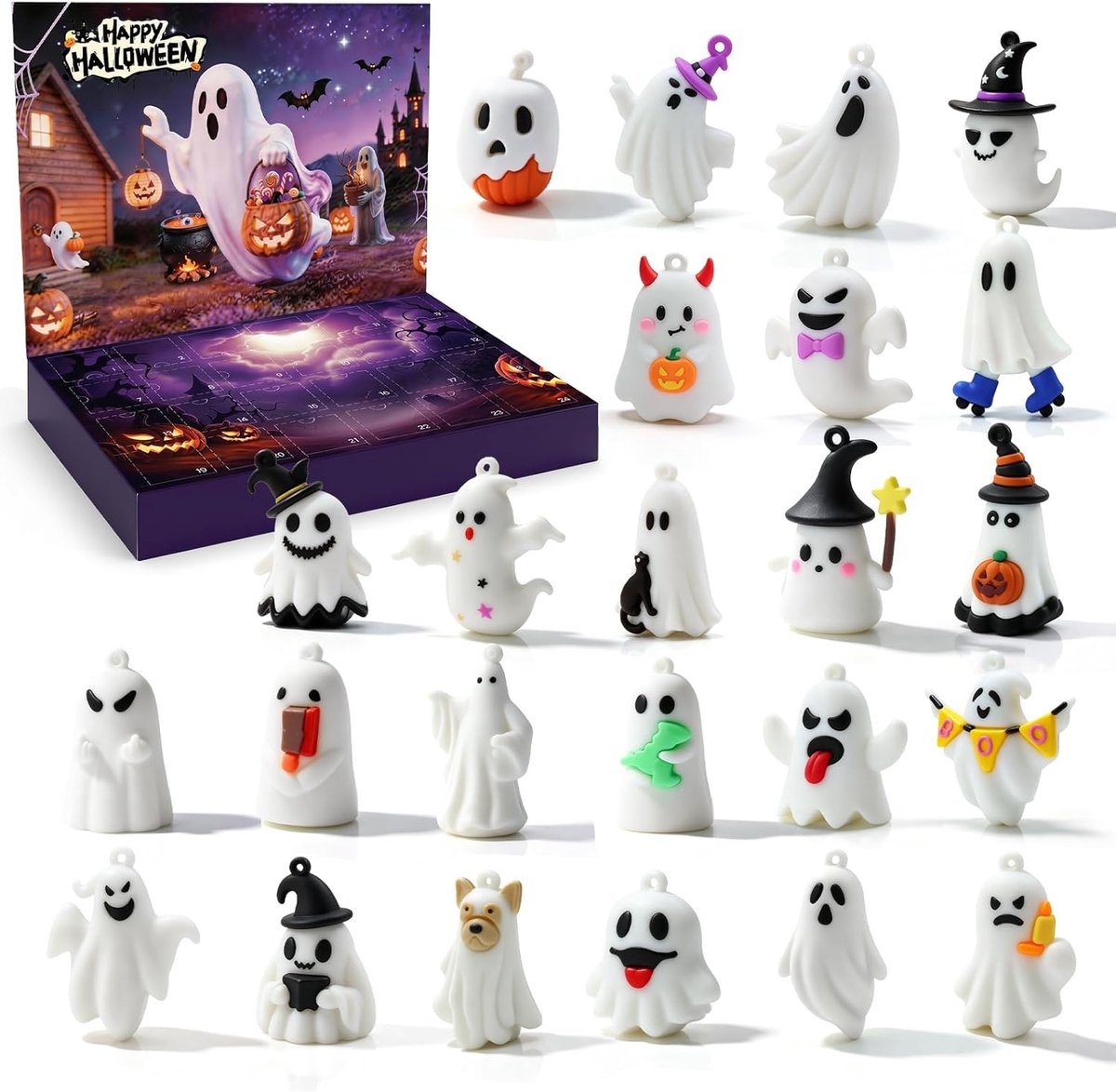 Halloween Adventskalender - 24 Delige Spookfiguren - Spookfiguurtje in verrassingsdoosje - Geschikt voor Rugzak en Decoratie - 24 Dagen - Feestelijke Accessoires - Kinderen en Volwassenen - Spannende Verrassing per Dag