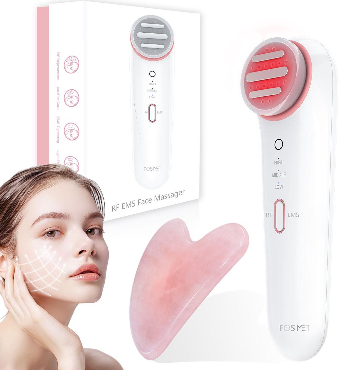 FOSMET Huidverjongingsapparaat - Gezichtsmassage Apparaat - 6-in-1 LED Gezichtsapparaat - Gua Sha Therapie - Lichttherapie - Depuff ,Contour,Verjong & Anti Rimpel - Infraroodtherapie Gezichtsmassage & Nekmassage Apparaat - Voor Alle Huidtypes