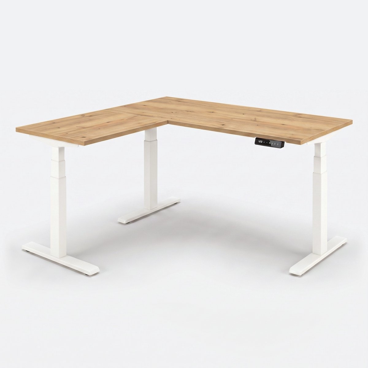 Zit-sta hoekbureau elektrisch 200x240cm – Wit, Natuur eiken