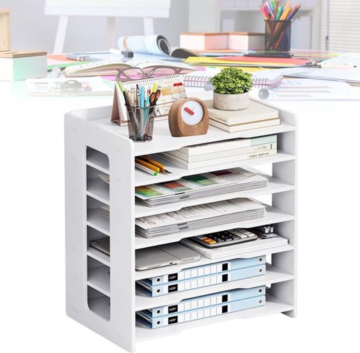 A4 Briefopbergers voor Bureau - Organiseer Papier, Pennen, Boeken en Documenten met 7 Vakken (Wit)