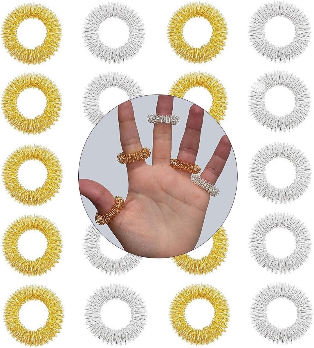 Vingermassageapparaat met 20 stuks vingermassageringen voor acupressuur, stressverlichting en ontspanning - goud en zilver