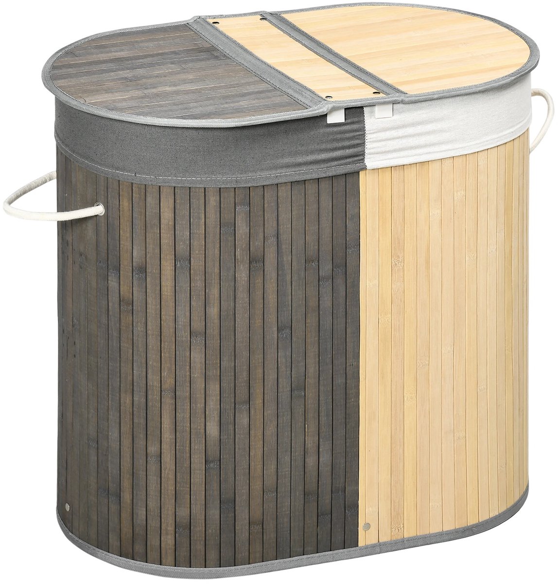 Atlasyx wasmand - Wasmand met deksel - Wasmand 2 vakken - Wasbox - Wasmand bamboe - 100 L capaciteit - 62,5 x 37 x 60,5 cm - Hout