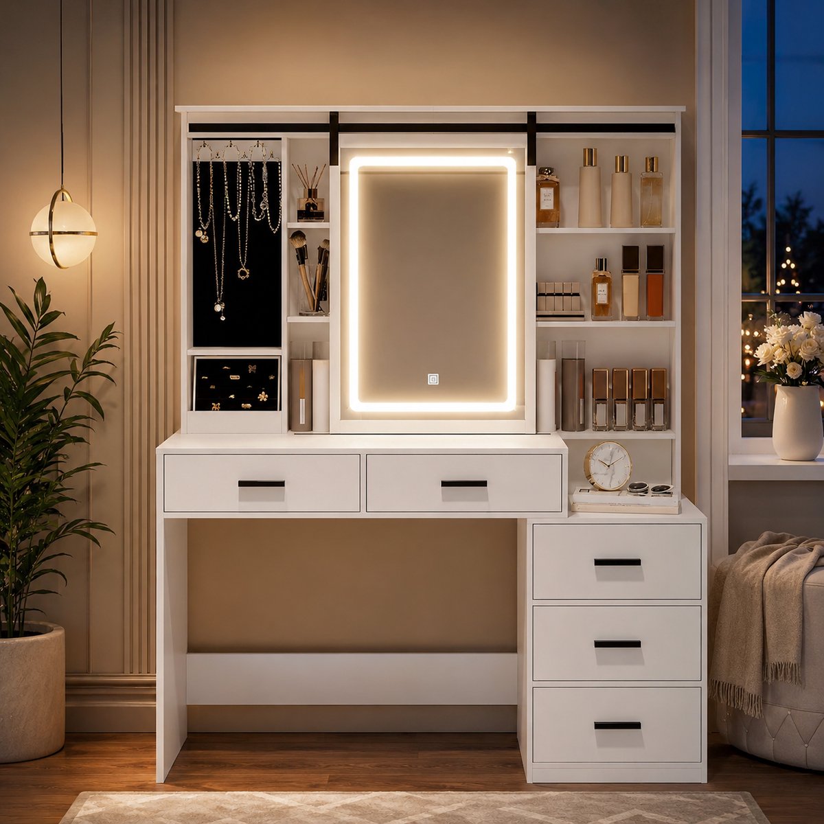 Dressing Table Met Verstelbare Led-Verlichting, Afneembare Grote Spiegel, Met Sieradenopslag, Open Planken, 5 Laden, Met Nijptafeltje, Voor Slaapkamer, Wit