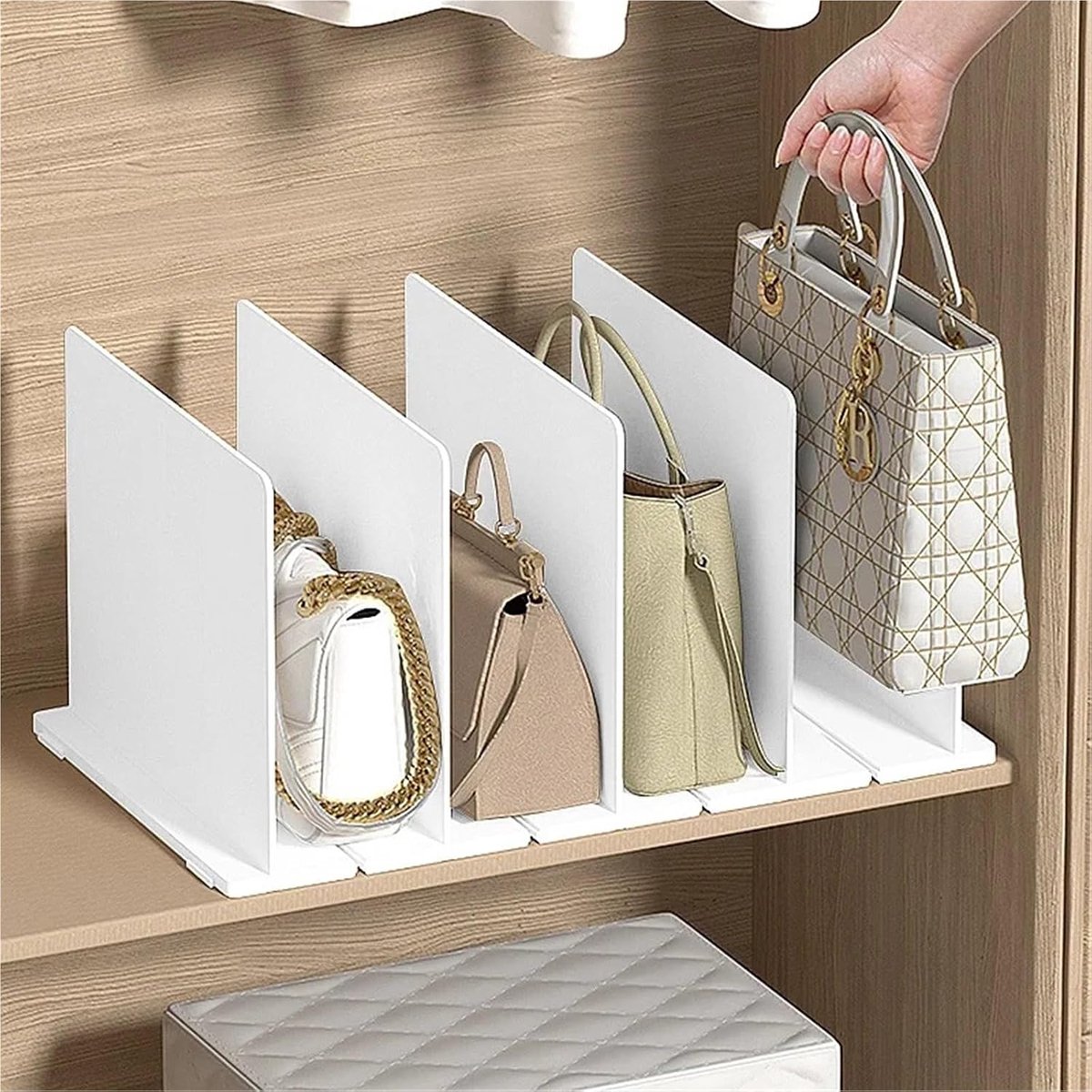 Kastverdeler - Plankverdeler - Kledingkast Organizer - Kast indeler - Kast indeling - Plank Verdeler - Handtas Opbergrek - Uitbreidbare - Schaalbare Handtassen - Plankverdeler Opbergplank - Voor Handtassen, Boeken en Kleding - 41,5x23,9x20 cm