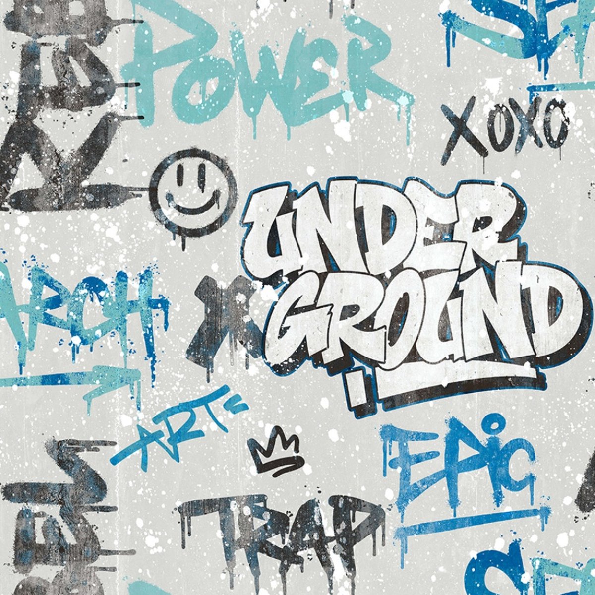 Noordwand-Behang-Friends-&-Coffee-Graffity-Print-grijs-en-blauw