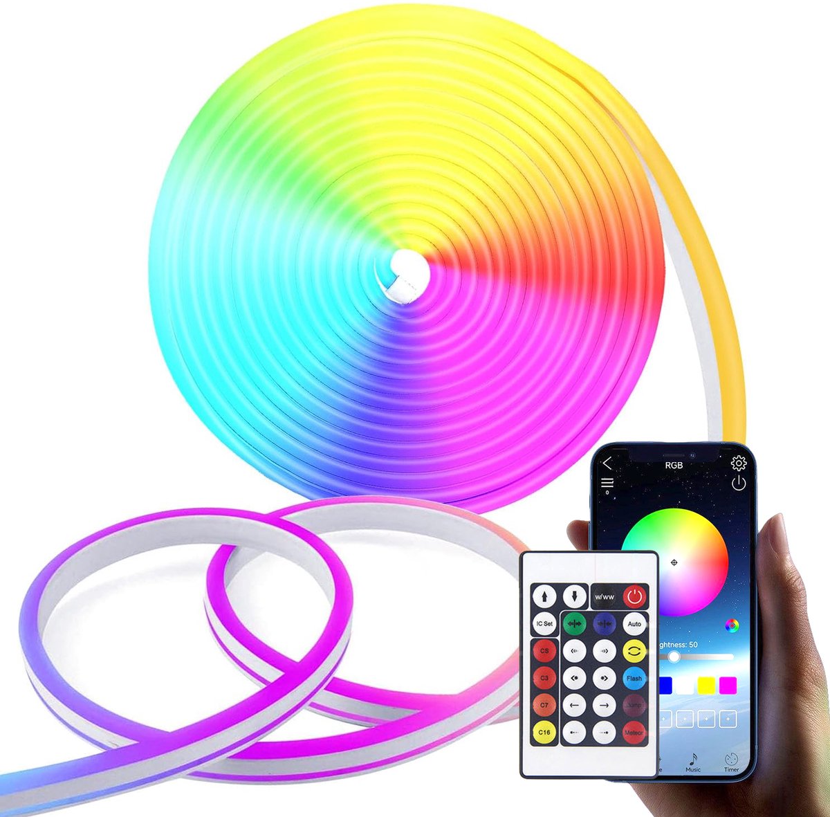 longziming LED-neonstrip 5 m – Flexibele RGB-ledstrip, waterdicht (IP65), bediening via afstandsbediening/app, doe-het-zelf-wandlamp voor binnen