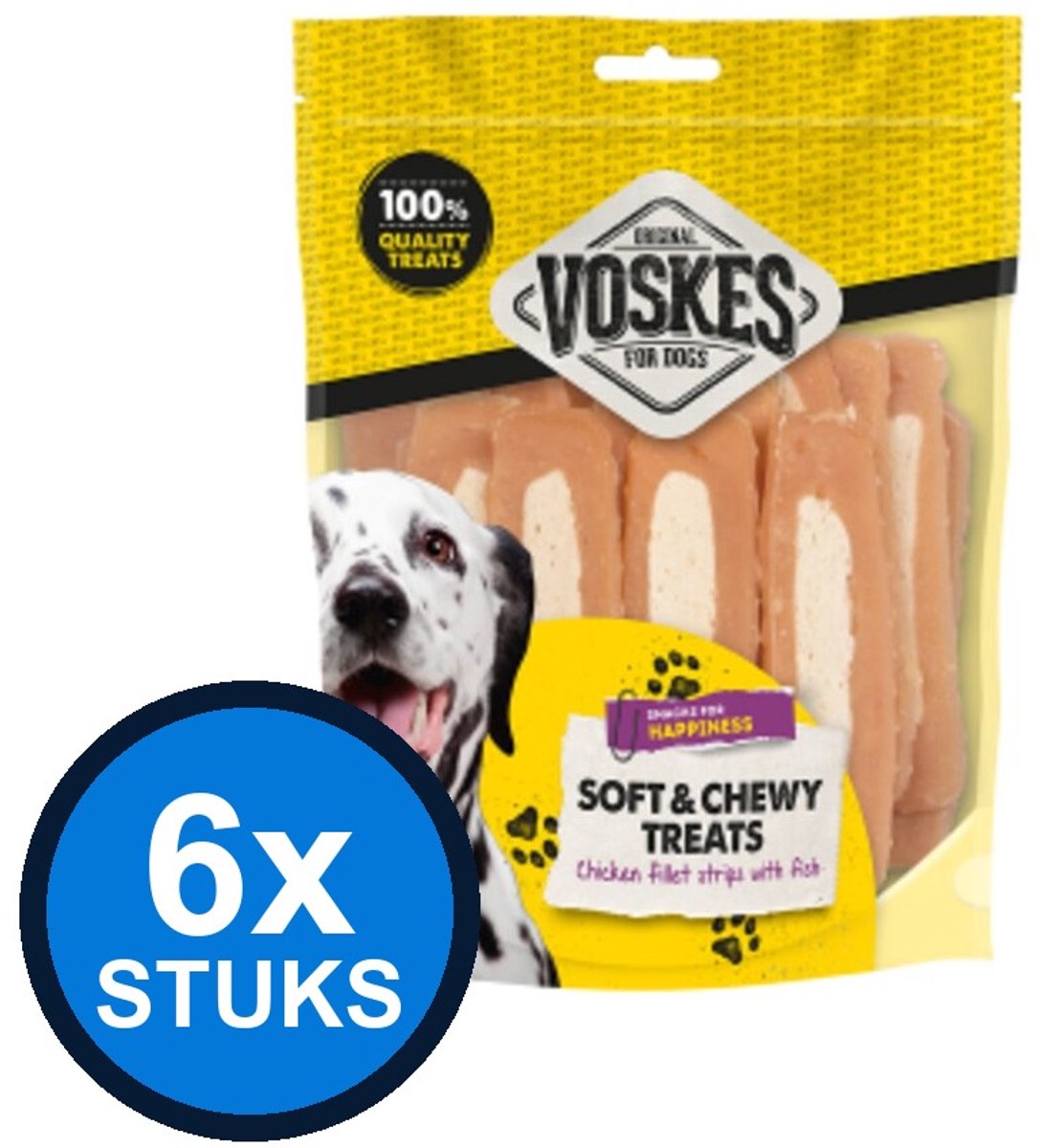 6x Voskes Kipfilet Strips met Vis - Hondensnack - 400g
