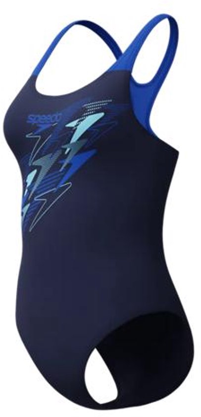 Speedo sportbadpak in marineblauw met een blauw bliksemprint op de voorkant. Speedo-logo in blauw.
