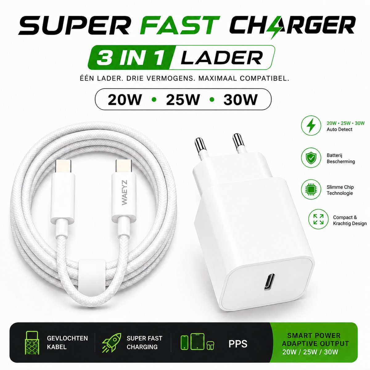 Slimme Snellader + USB C Kabel 1M - 3 snelheden 20W-25W-30W Oplader - Multi-Protocol Adapter Ondersteunt PPS Super Fast Charger Met Batterijbescherming Compatible voor Samsung Galaxy, Google Pixel, Huawei, iPad/iPhone Herkenning Afhankelijk van model