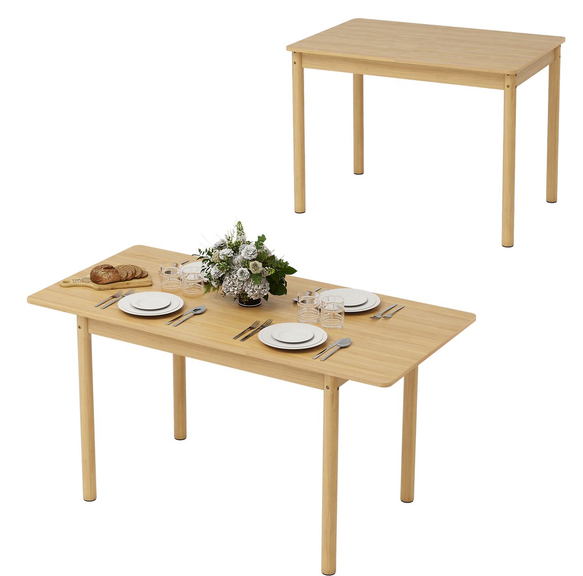 Puluomis - Eettafel - Uitschuifbaar tafelblad 105-145 cm - Massief houten eettafel - Afgeronde hoeken - Natuurlijke houtkleur