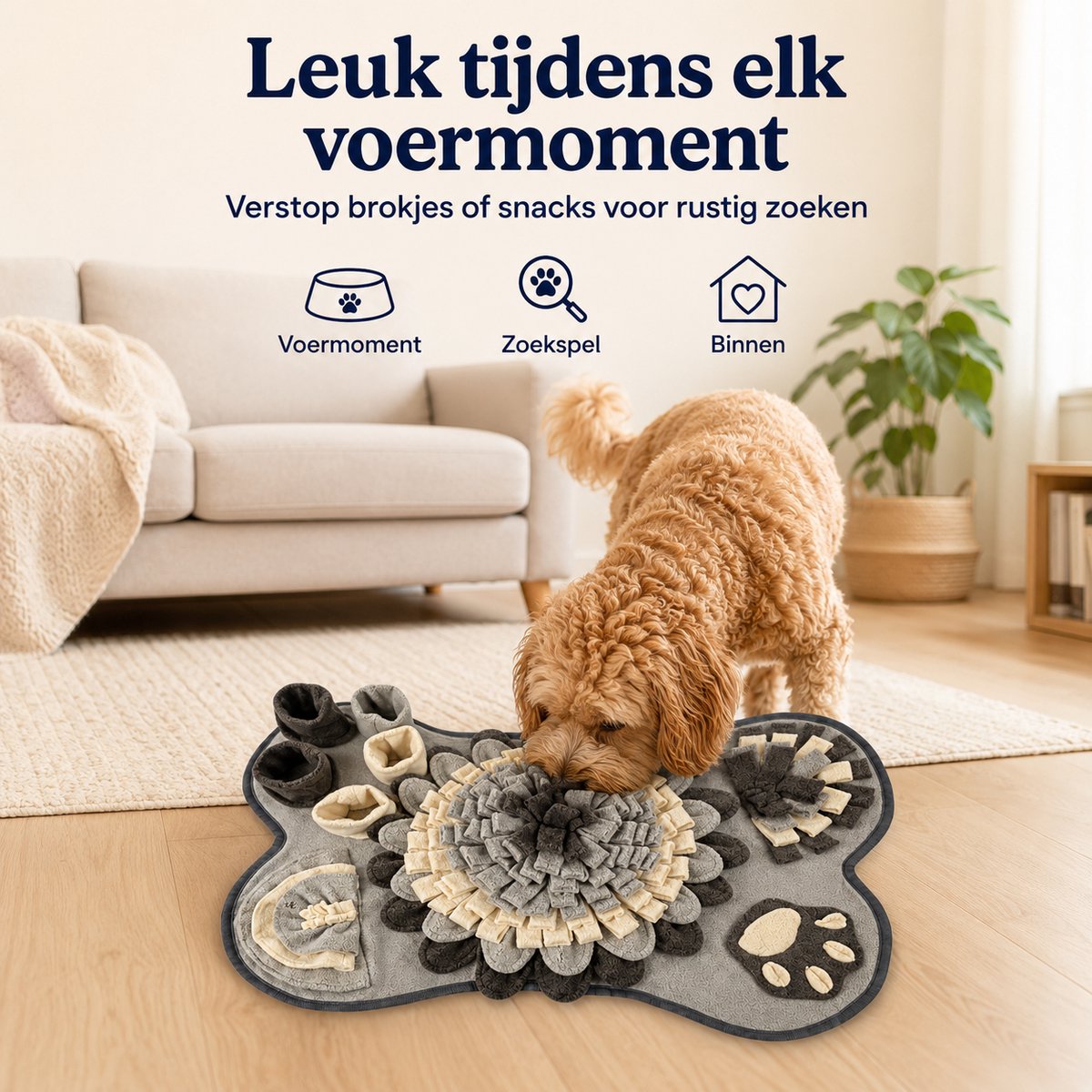 Snuffelmat Hond - Hondenpuzzel & Zoekmat - Slowfeeder voor Brokjes en Snacks - Hondenspeelgoed met Meerdere Verstopplekken - Grote Snuffelbloem - 64 x 43 cm - Grijs thumbnail 3