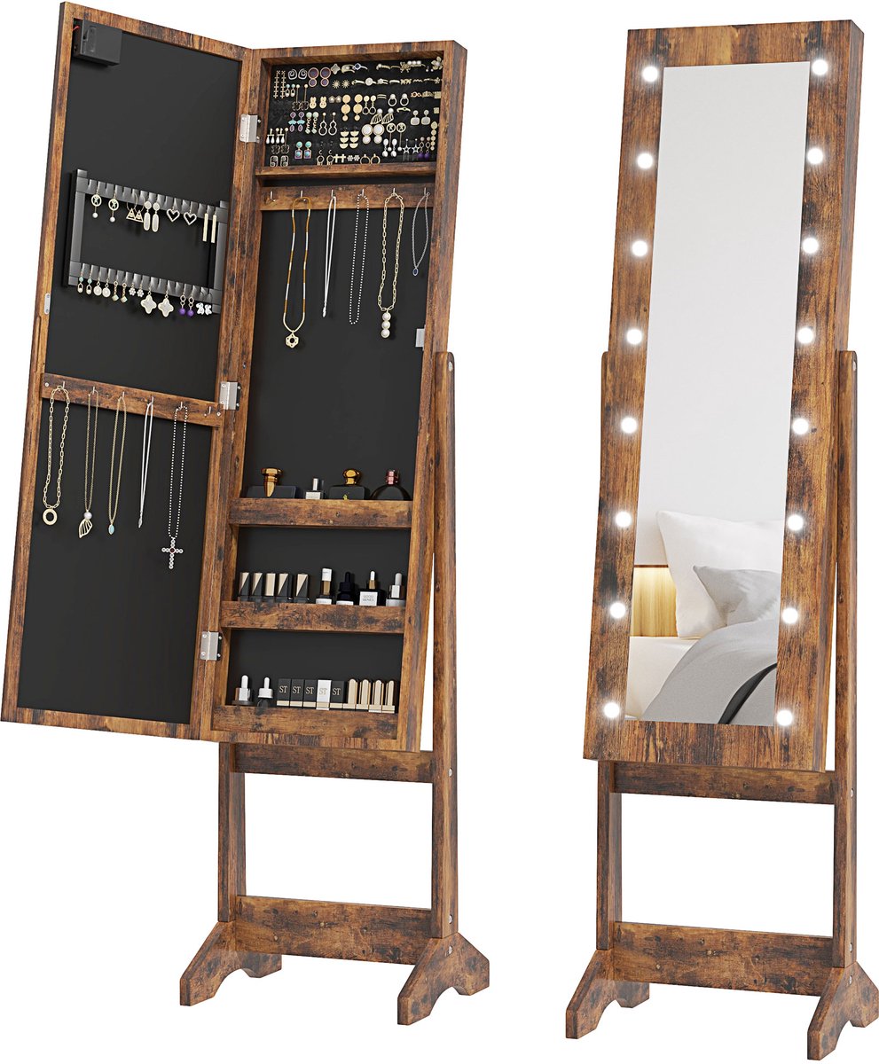 HOMCOM Vrijstaande sieradenkast - Hout - 36x30x136cm - Rustiek bruin