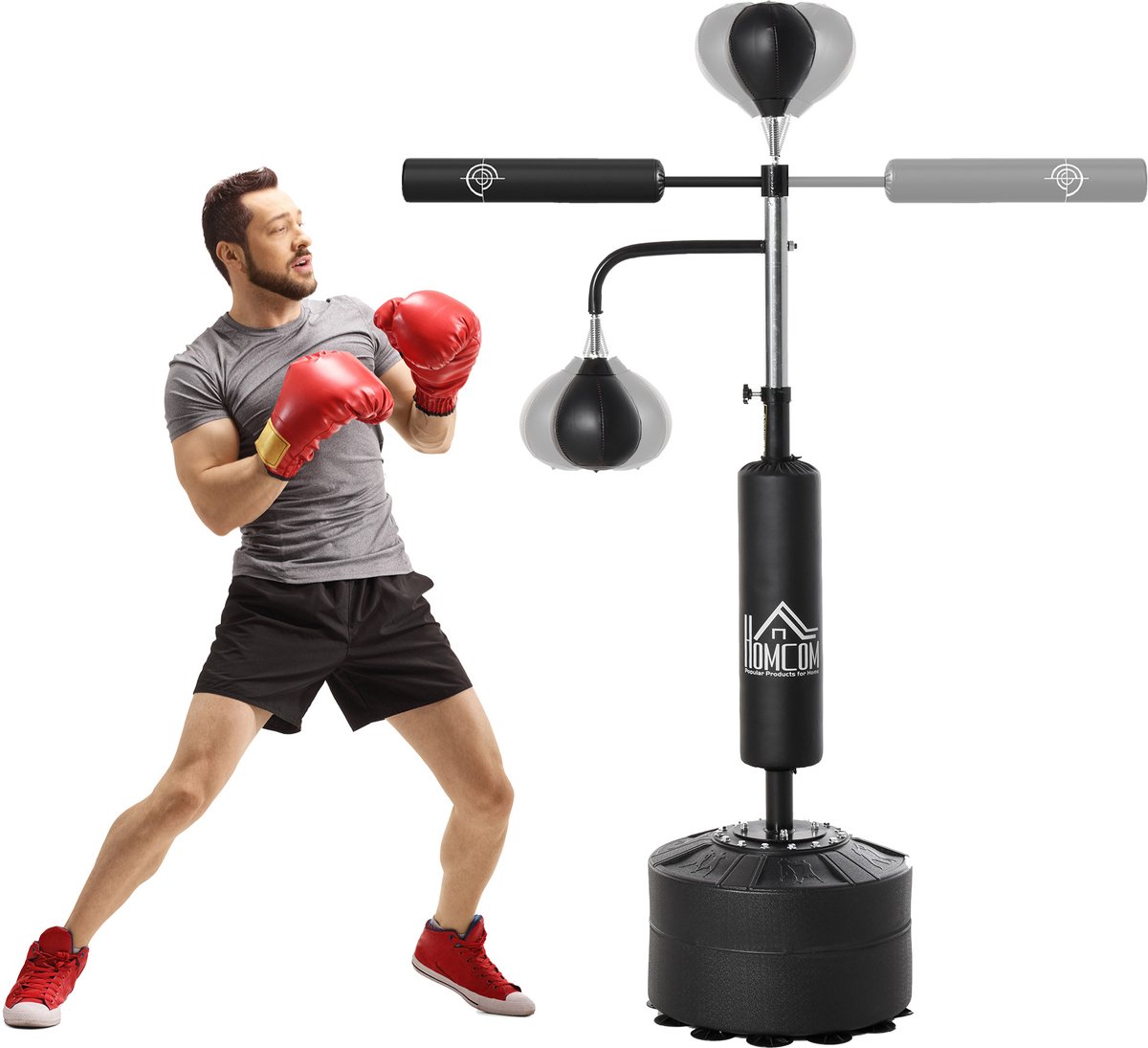 4-in-1 staande bokstrainer - met 2 speedballen 360° reflexstang - 160-230 cm in hoogte verstelbaar geschikt - Geschikt voor boksen-Muay Thai en taekwondo-zwart