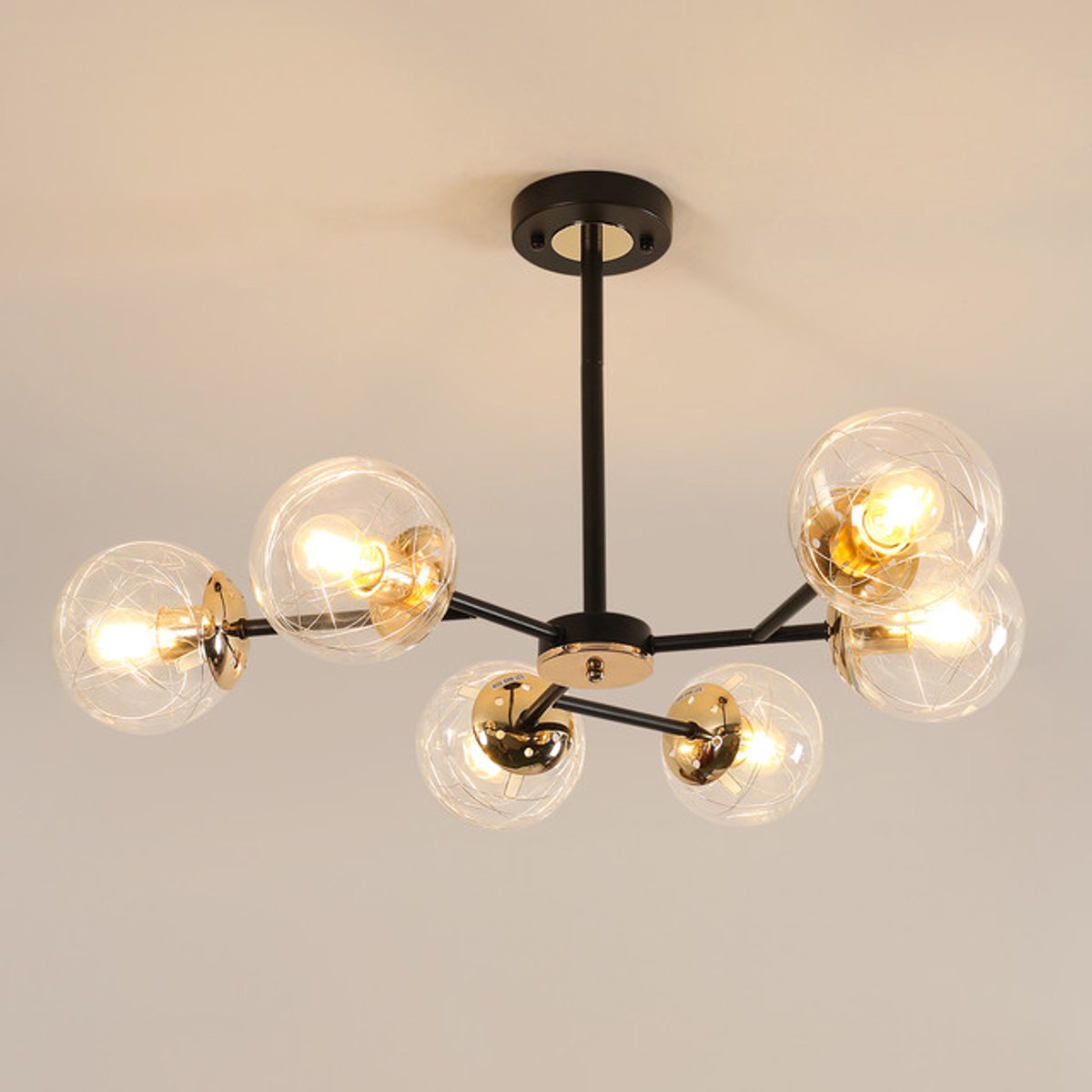 Riserva Hanglamp modern minimalistisch vertakt, matzwart + Frans goud, 6‑lichts E27 fitting max 60W zonder lamp, glazen kap Ø13cm, D72cm, voor woonkamer slaapkamer eetkamer