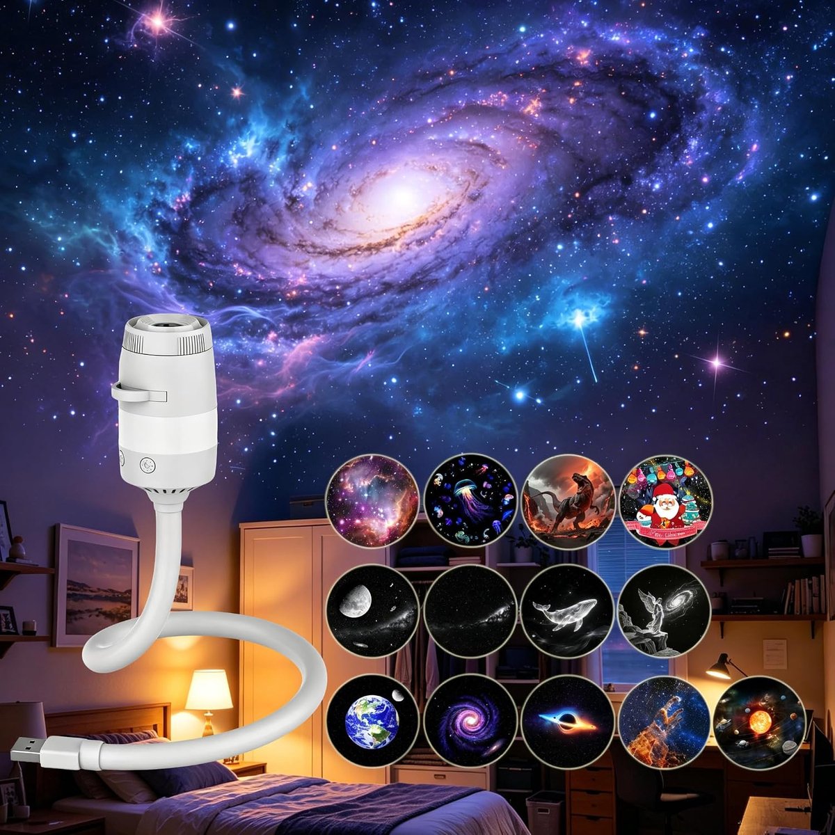 Sterrenprojector nachtlampje, USB‑gevoed met 360° rotatie, projectielamp voor auto en slaapkamer, voor kinderen en volwassenen