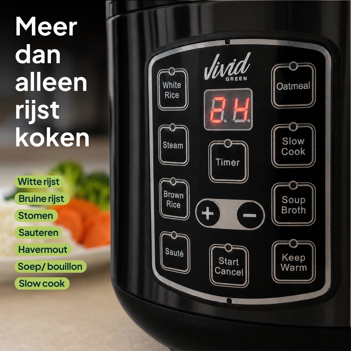 Rijstkoker met Stomer - 1.5L - Slowcooker met Timer - 8 Porties - Multicooker - Rice Cooker - Zwart - Vivid Green – foto 5