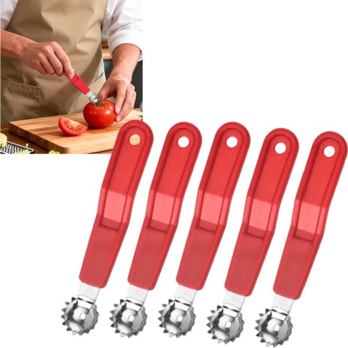 5 stuks - Fruit- en groentestelen- en pitverwijderaar - met geperforeerd handvat - fruitontkerner - klein fruit- en groenteverwerkingsgereedschap - 11,5*1,8 cm - voor het verwerken van tomaten en aardbeien - rood