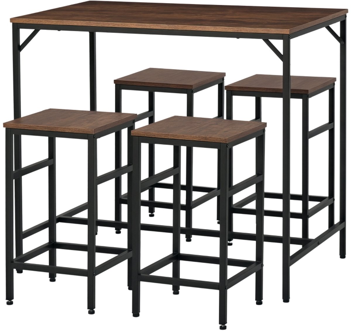 5-delige tafelset met 1 tafel van 100×60×88 cm en 4 krukken van 32×32×57 cm Bruin MDF en staal Bartafel en eetkamerset eenvoudig ontwerp stabiel en duurzaam voor keuken en eetkamer