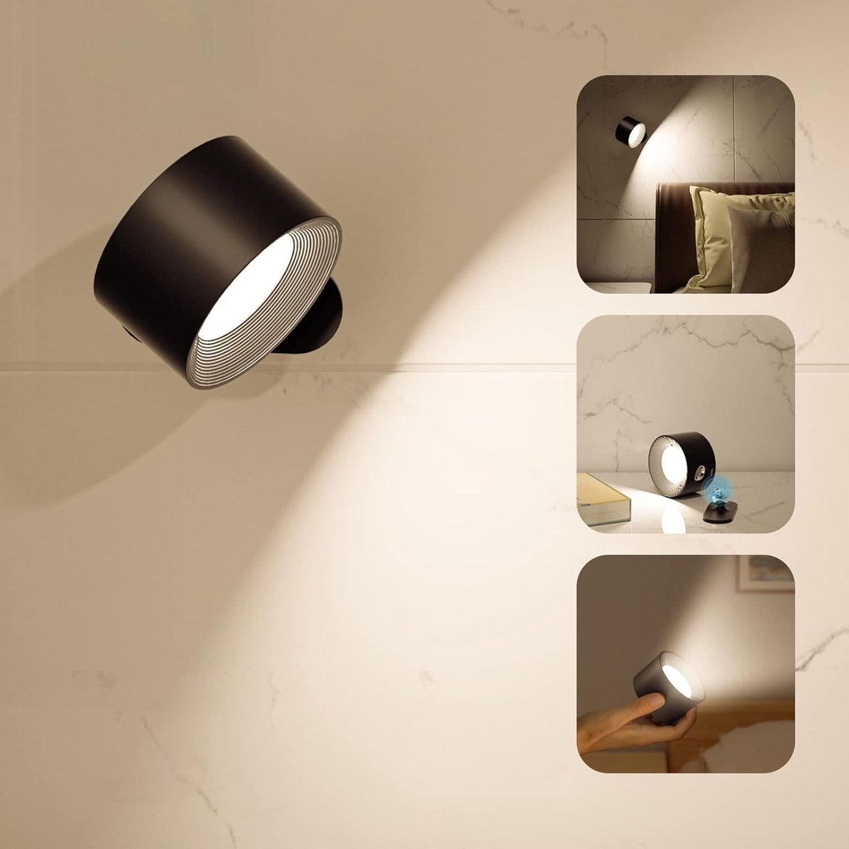 KZQ Oplaadbare Led Wandlamp Met Afstandsbediening En Magnetische Draaikop – 3 Lichtkleuren, Dimbaar, 360 Graden Draaibaar – Zwart
