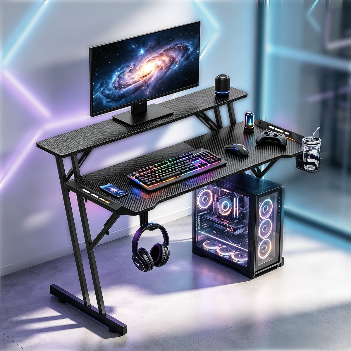 Soontrans - Gaming Bureau - 120x60x86cm - Zwart Bureau - Computertafel - Gaming Tafel - Met LED Verlichting - Bekerhouder - Hoofdtelefoonhouder - Incl. Muismat - Tafel met Twee Niveaus