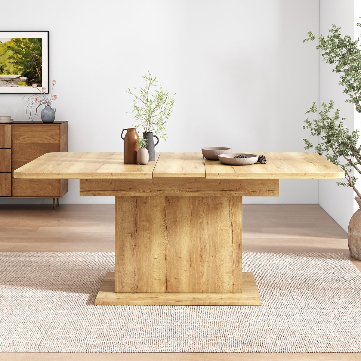 Intebiki Uitschuifbare eettafel (110/130×70 cm) - keukentafel met opbergplanken - Eettafel met dire planken - Biedt plaats aan 4-8 personen - Eikenkleur