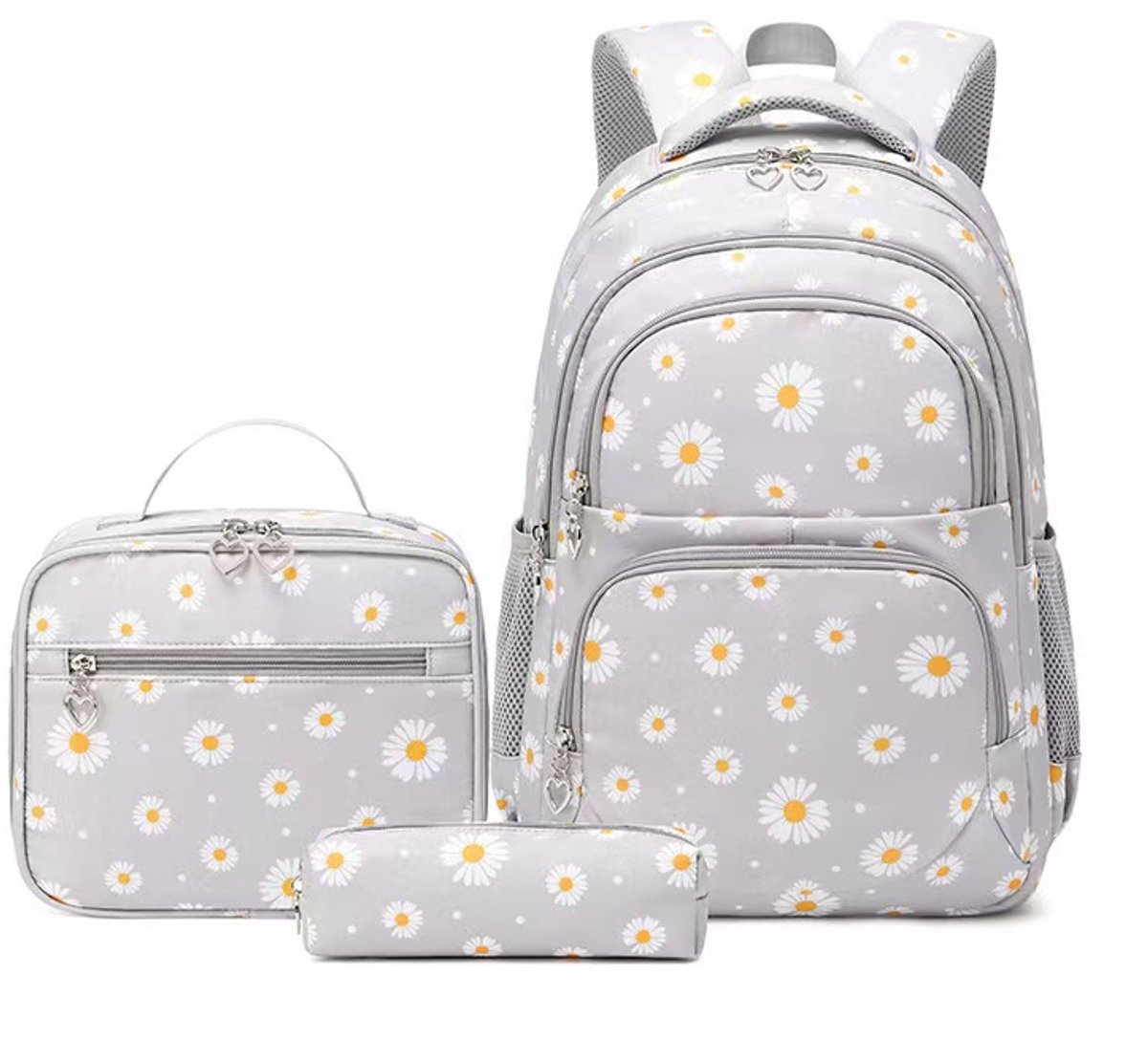 3-in-1 rugzakset voor meisjes – schoolrugzak met madeliefjesprint – inclusief lunchbox en etui – lichtgewicht waterdichte boekentas – voor tienermeisjes, basisschool- en middelbare scholieren – reisrugzak(Grijs)
