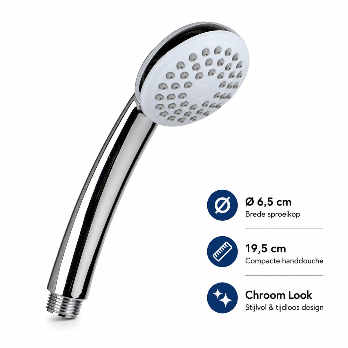 Ronde Zilveren Douchekop Ø 6,5 x 19,5 cm – Handdouche met Brede Sproeikop – Chroom Look – Compacte Douchekop voor Badkamer, Douchecabine, Bad & Inloopdouche
