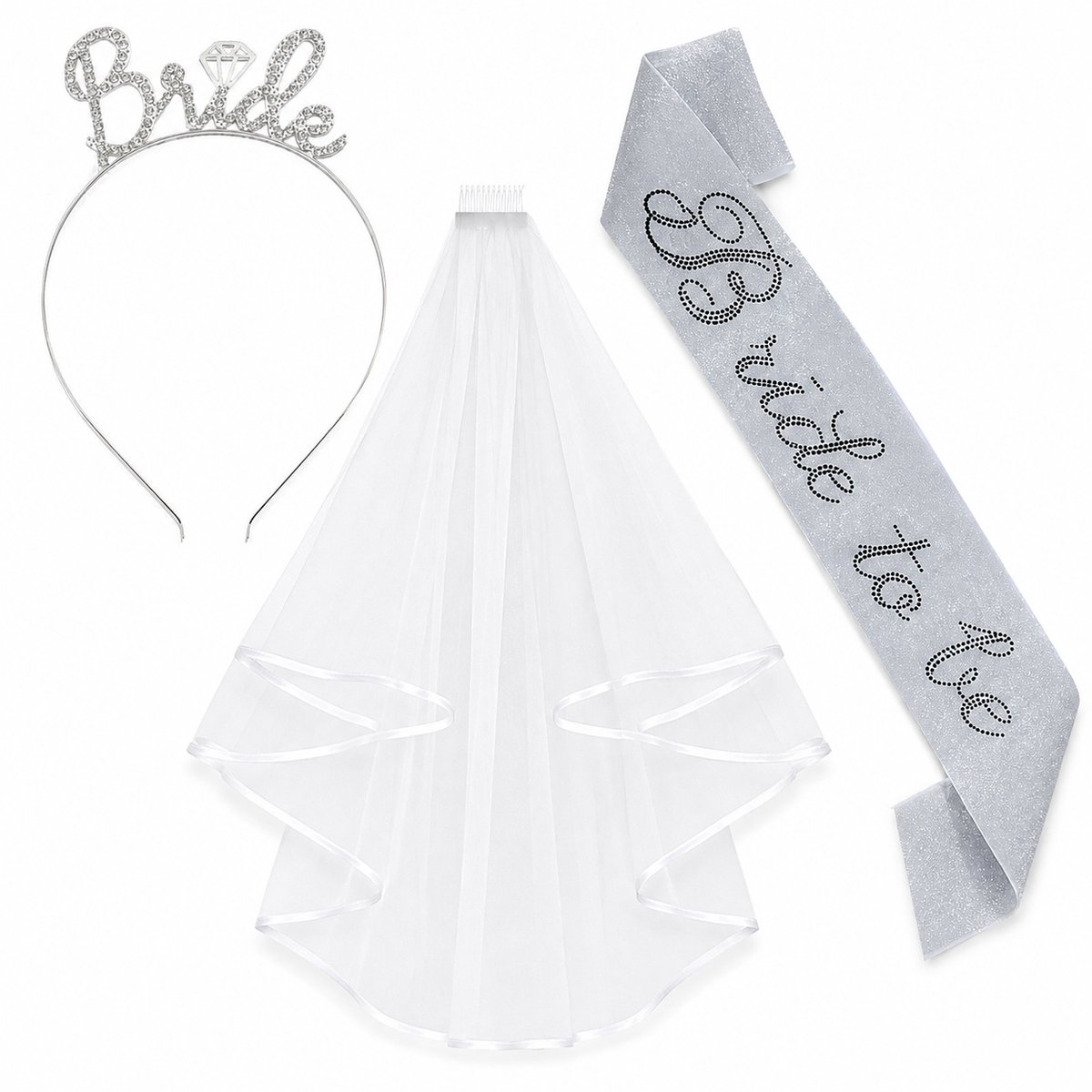 Gloovon® Vrijgezellenfeest Set - Sluier met Kam & Diadeem - Bride to Be Sjerp met Strass - 3-Delige Bruidsaccessoires - Zilver