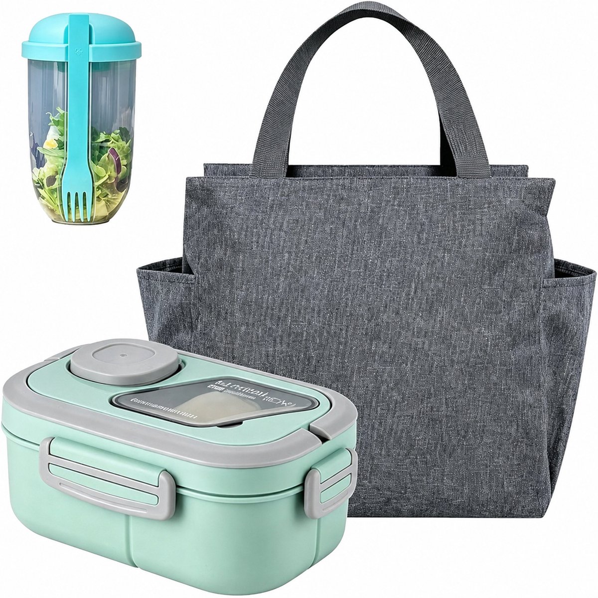 Bobypet - Lunchbox Set met Geïsoleerde Lunchtas- 1200ml - 2-Laags Stapelbare Broodtrommel met Vakjes - Lekvrij en BPA-Vrij - Inclusief Bestek, Sausbakje en Saladebeker - Geschikt voor Magnetron - Groen