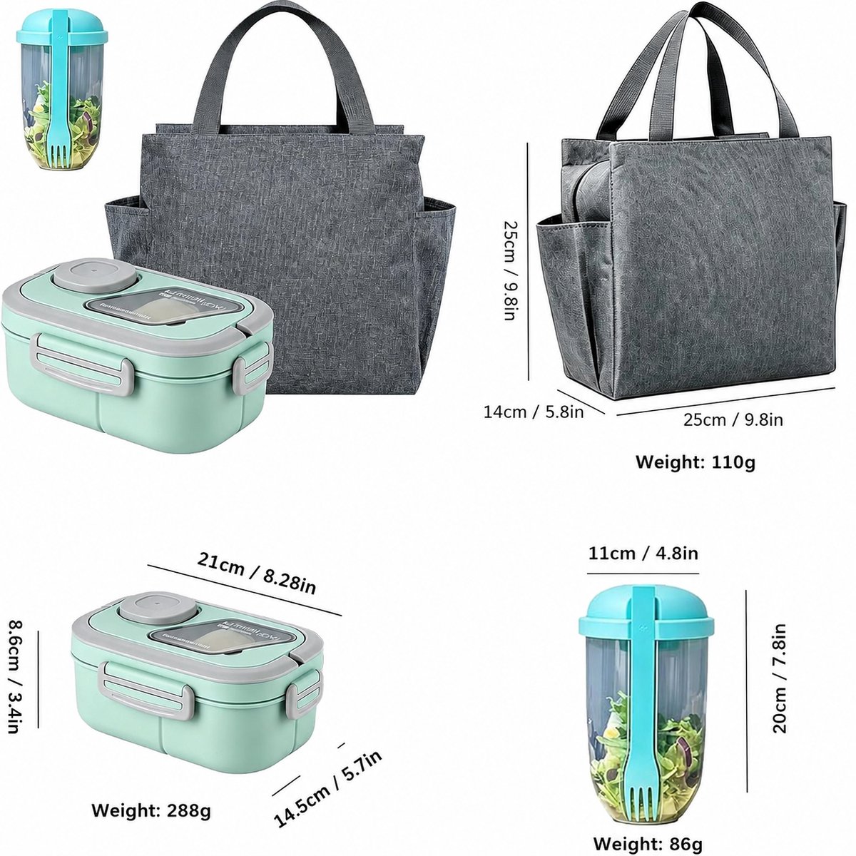 Bobypet - Lunchbox Set met Geïsoleerde Lunchtas- 1200ml - 2-Laags Stapelbare Broodtrommel met Vakjes - Lekvrij en BPA-Vrij - Inclusief Bestek, Sausbakje en Saladebeker - Geschikt voor Magnetron - Groen — cadeau in Koken & Dineren - foto 2