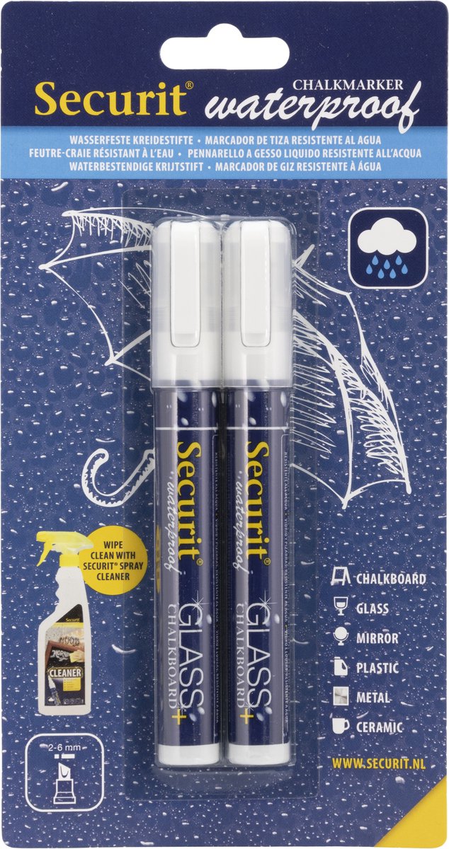 Securit® waterbestendige krijtstift met afgeschuinde punt, wit, set van 2 stiften