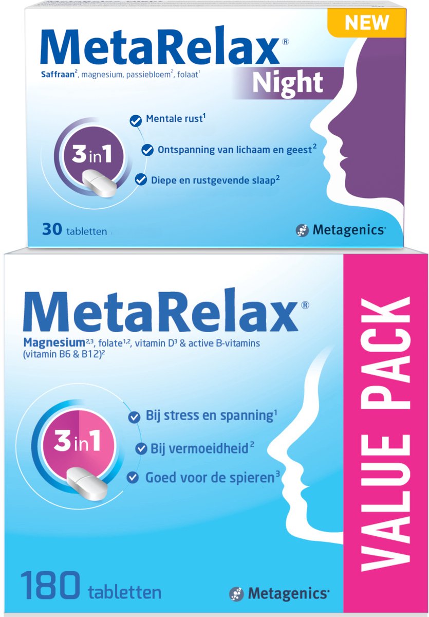 MetaRelax Magnesium 180 Tabs & MetaRelax Night 30 Tabs – 24/7 Ondersteuning dankzij Exclusieve Voordeelbundel - Hoogwaardig Magnesiumcomplex - Bij Stress & Spanning - Mentaal Welzijn - Ontspanning - Behoud van een Gezonde, Rustgevende Slaap