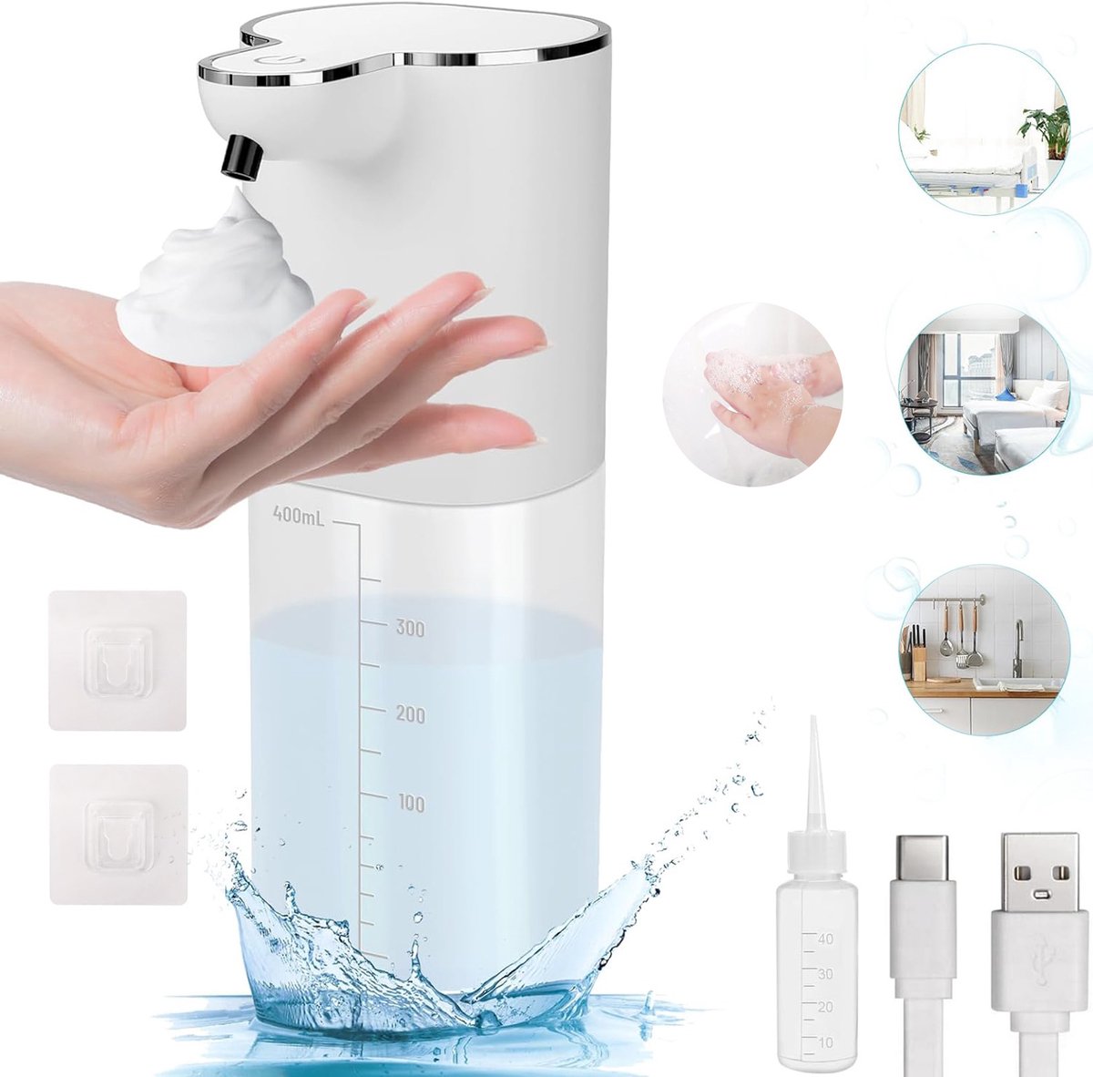 Automatische zeepdispenser, 4 regelbare schuimende zeepdispensers, Contactloze sensor, Oplaadbaar, wandmontage.