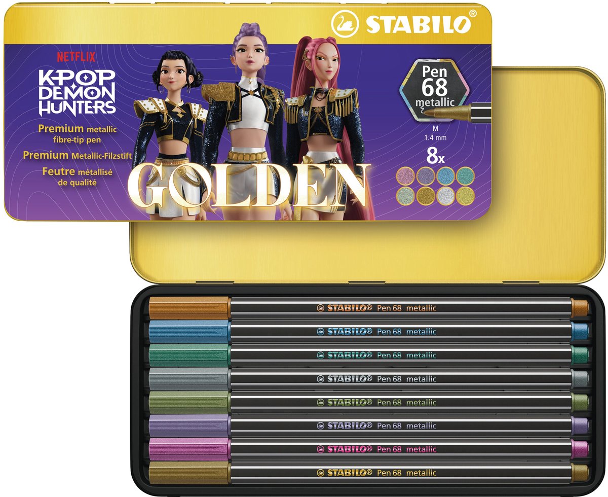 STABILO x KPop Demon Hunters Pen 68 metallic - Viltstift metallic - Metalen Etui Met 8 Kleuren