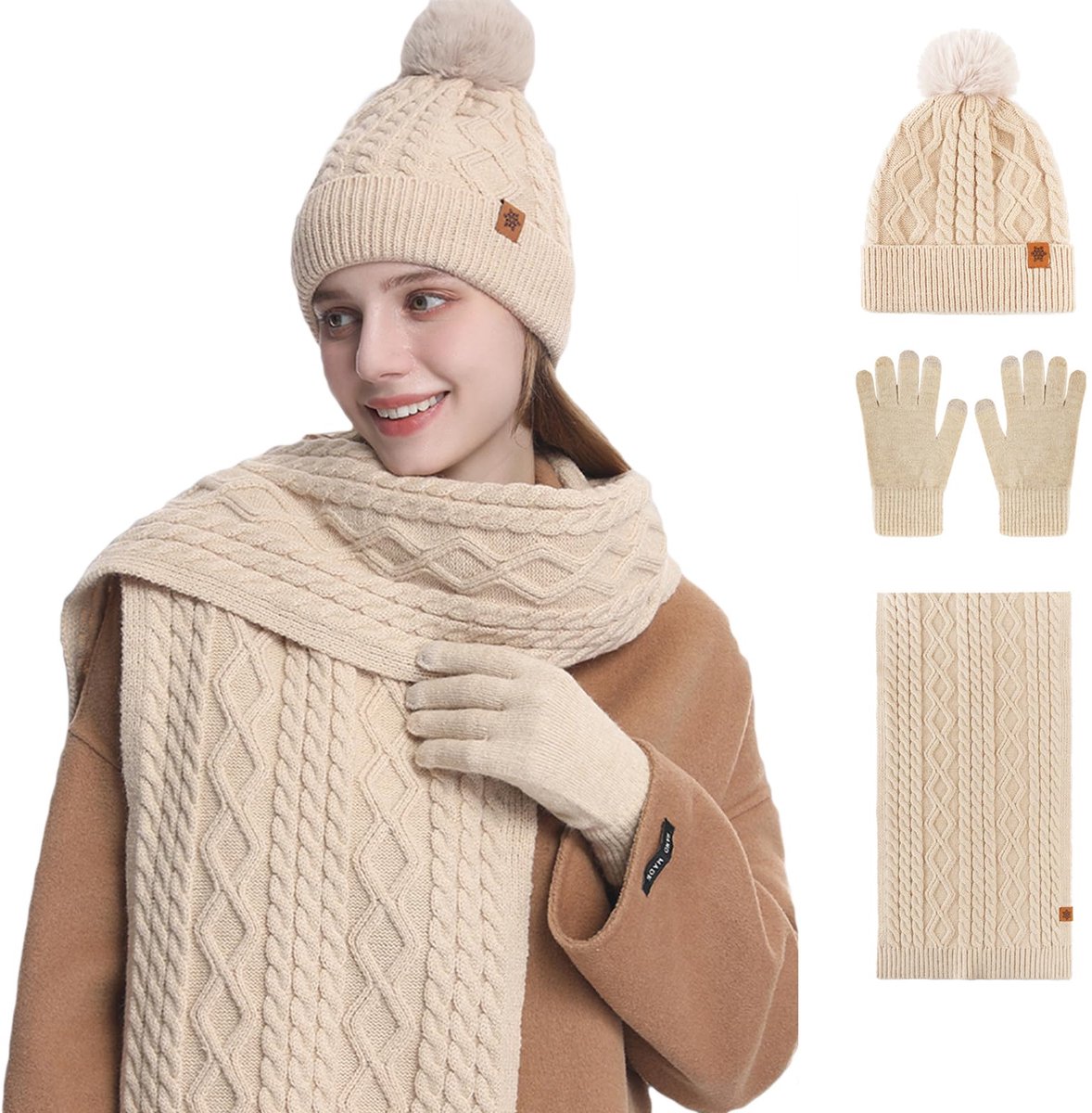 Driedelige Winterset (Gebreide Muts, Sjaal En Handschoenen) — Met Fleecevoering Voor Extra Warmte — Handschoenen Geschikt Voor Touchscreens — Beige