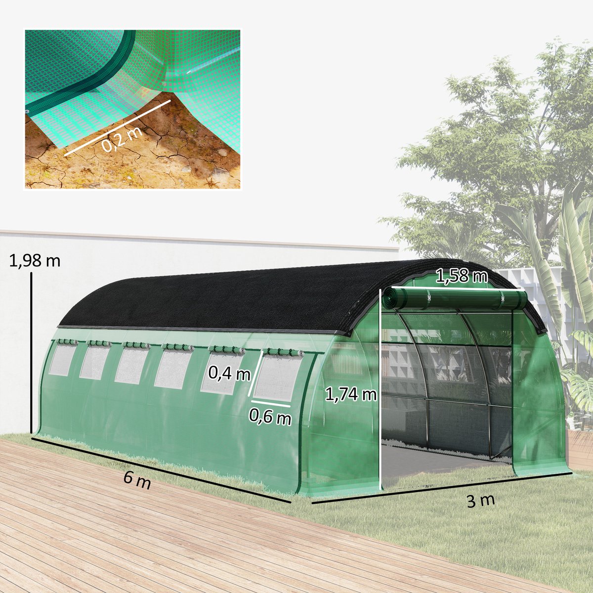 Kunststof - staal – Groen – 600 L x 300 B x 200 H cm – Folietunnel – Groen